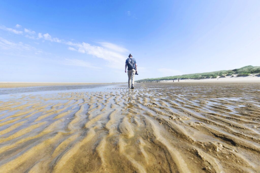 Wandelaar op het strand bij de Schoorlse Duinen